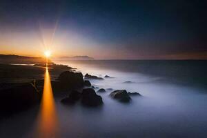 a Sol é configuração sobre a oceano dentro isto grandes exposição fotografia. gerado por IA foto