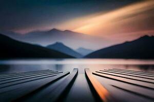 uma grandes exposição fotografia do uma lago e montanhas. gerado por IA foto