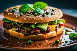 uma Hamburger com carne, legumes e molho. gerado por IA foto