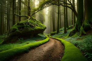 uma caminho através uma floresta com musgoso árvores gerado por IA foto