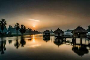 uma lindo nascer do sol sobre uma lago com cabanas. gerado por IA foto