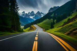 uma estrada dentro a montanhas com montanhas dentro a fundo. gerado por IA foto