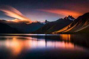 uma lindo pôr do sol sobre uma lago e montanhas. gerado por IA foto