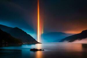 uma arco Iris luz é brilhando sobre uma lago. gerado por IA foto