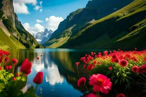 flores estão crescendo dentro a água perto uma montanha lago. gerado por IA foto