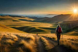 uma homem com uma mochila anda em através a gramíneo colinas às pôr do sol. gerado por IA foto