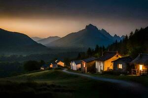 foto papel de parede a céu, montanhas, a noite, a montanhas, a Vila, a estrada,. gerado por IA