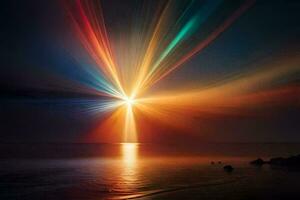 uma brilhante luz brilhando sobre a oceano. gerado por IA foto