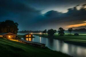 uma lago e dois casas às noite. gerado por IA foto