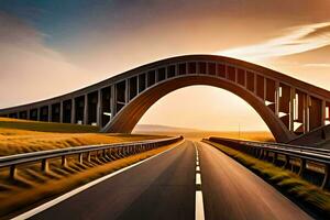 uma rodovia ponte com uma Sol configuração atrás isto. gerado por IA foto