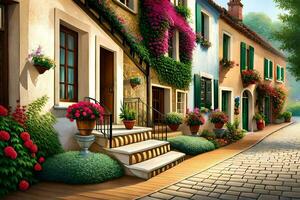 uma pintura do uma rua com flores e em vaso plantas. gerado por IA foto