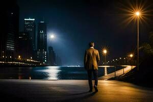 uma homem dentro uma terno anda em ao longo uma rua às noite. gerado por IA foto