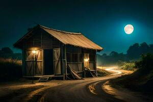 uma pequeno cabana é em a estrada às noite. gerado por IA foto