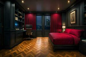 uma quarto com uma vermelho cama e Preto paredes. gerado por IA foto