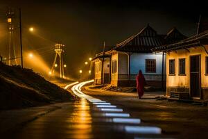 uma mulher anda em baixa uma rua às noite com luzes sobre. gerado por IA foto