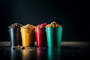 quatro colorida baldes com nozes e sementes. gerado por IA foto