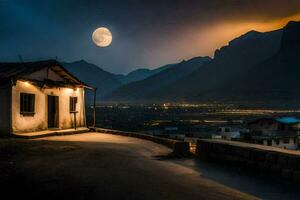 uma pequeno casa dentro a meio do uma montanha com uma cheio lua. gerado por IA foto