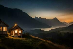 dois pequeno de madeira casas sentar em a lado do uma montanha às pôr do sol. gerado por IA foto