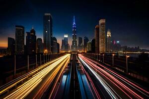 uma cidade Horizonte às noite com tráfego luzes. gerado por IA foto