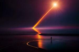 uma homem em pé em a de praia com uma brilhante luz brilhando dentro a céu. gerado por IA foto