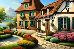 uma pintura do uma casa com flores e flores gerado por IA foto