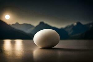uma branco ovo em uma mesa dentro frente do montanhas. gerado por IA foto