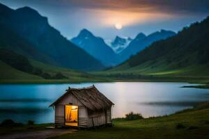 a lua sobe sobre uma lago e uma cabine dentro a montanhas. gerado por IA foto