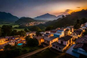 uma Vila às pôr do sol dentro a montanhas. gerado por IA foto