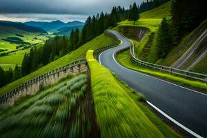 uma enrolamento estrada dentro a montanhas. gerado por IA foto