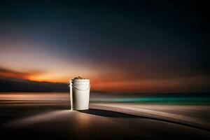 uma balde do areia em a de praia às pôr do sol. gerado por IA foto