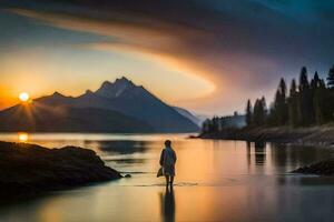 uma homem em pé dentro a água às pôr do sol. gerado por IA foto