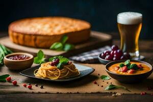 espaguete, pão, Cerveja e uma bolo em uma mesa. gerado por IA foto