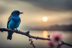 uma azul pássaro senta em uma ramo perto a água. gerado por IA foto