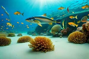 uma tropical peixe natação dentro a oceano com coral recifes. gerado por IA foto