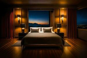 uma quarto com uma Visão do a montanhas às noite. gerado por IA foto