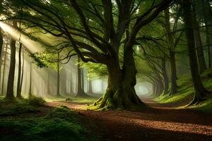 uma floresta com árvores e raios de sol. gerado por IA foto