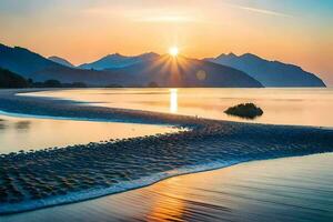 a Sol sobe sobre uma de praia e montanhas. gerado por IA foto