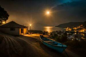 uma barco senta em a de praia às noite com uma cheio lua. gerado por IA foto