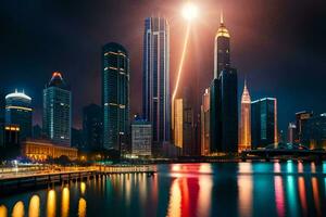 a cidade Horizonte às noite com luzes refletindo fora a água. gerado por IA foto