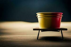 uma amarelo e vermelho balde sentado em topo do uma de madeira ficar em pé. gerado por IA foto