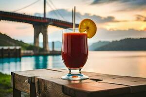 uma vidro do vermelho beber sentado em uma mesa dentro frente do uma ponte. gerado por IA foto