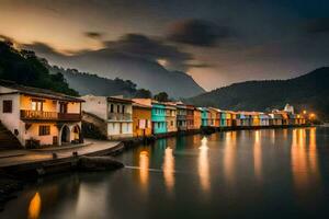 colorida casas linha a água às noite dentro uma cidade. gerado por IA foto