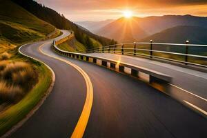 uma enrolamento estrada dentro a montanhas com a Sol contexto. gerado por IA foto