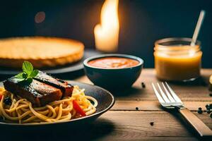 uma prato do espaguete com carne e molho em uma mesa. gerado por IA foto