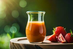 uma vidro jarra com laranja suco e morangos. gerado por IA foto