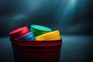 uma balde preenchidas com colorida plástico copos. gerado por IA foto