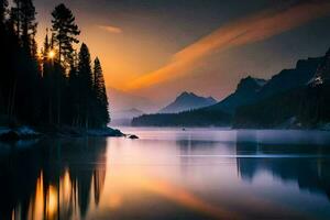 uma lindo pôr do sol sobre uma lago com árvores e montanhas. gerado por IA foto