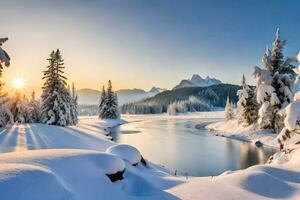 neve coberto árvores e montanhas às pôr do sol. gerado por IA foto