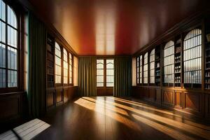 a esvaziar quarto com de madeira pavimentos e janelas. gerado por IA foto