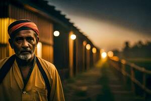 uma homem dentro uma amarelo camisa carrinhos dentro frente do uma celeiro. gerado por IA foto